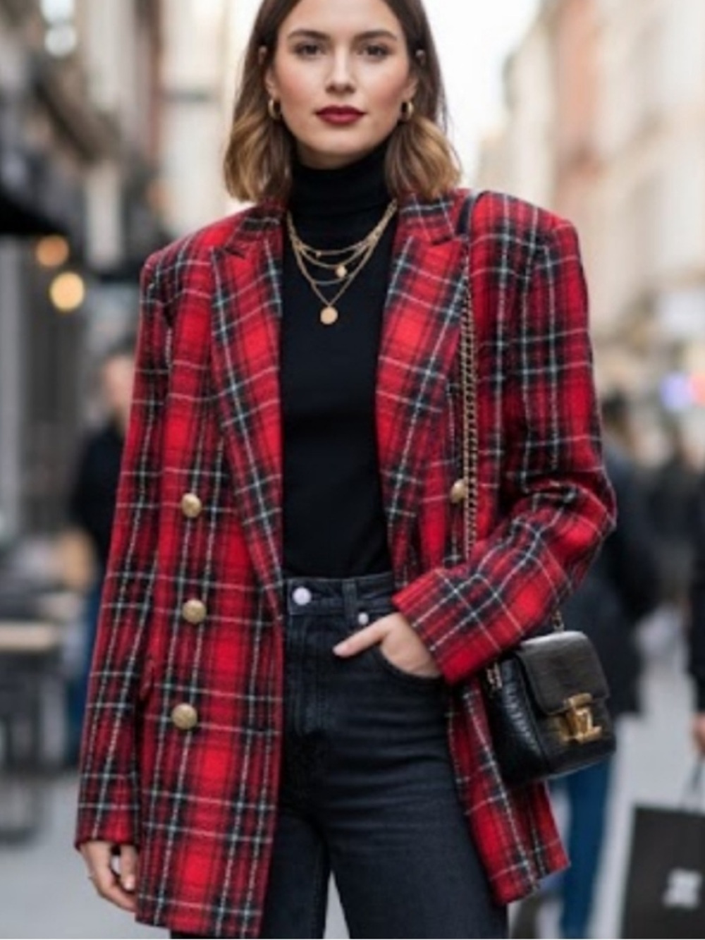 Zara Red Black Tartan Plaid Tweed Double Breasted Blazer Jacket Size Medium - Picture 3 of 12